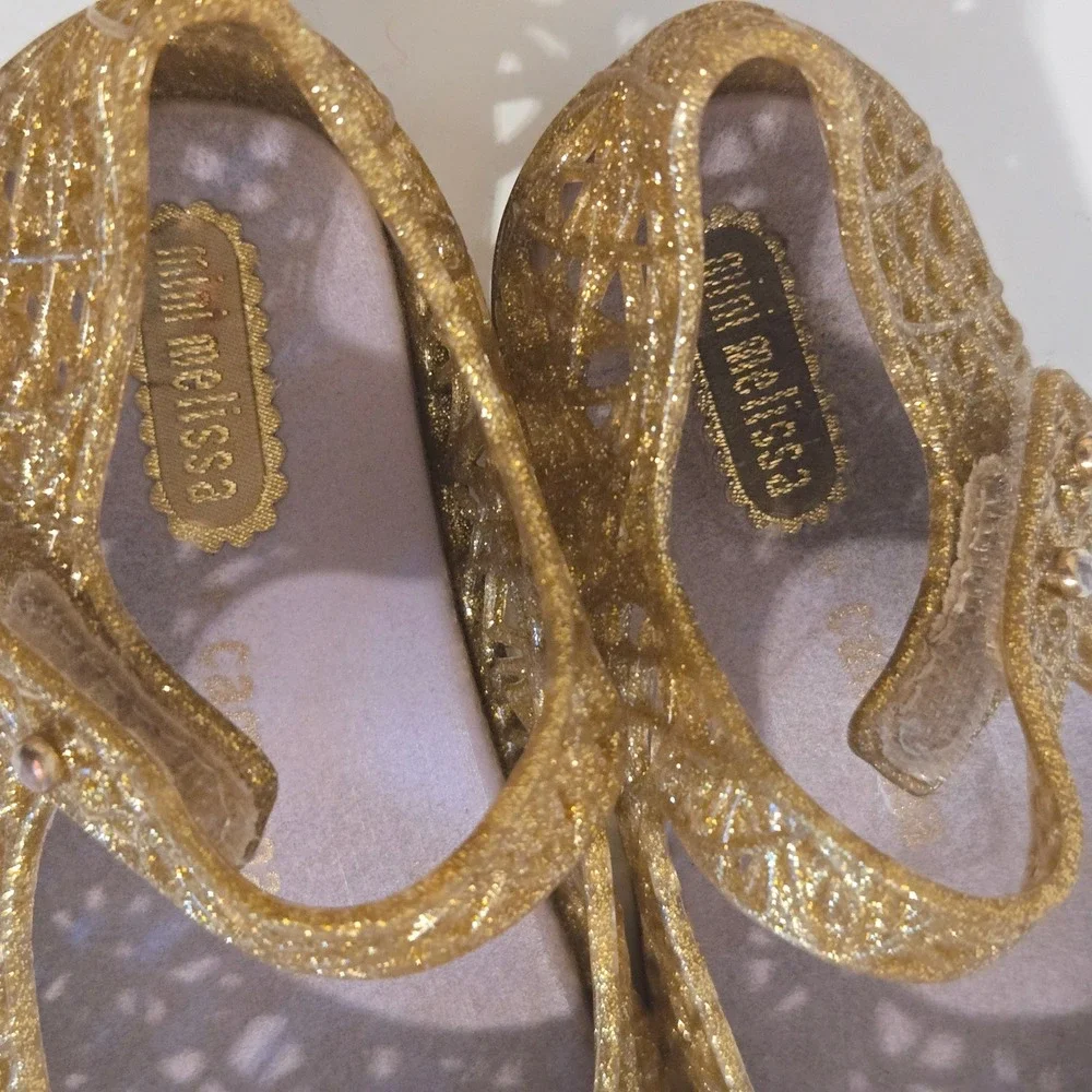Mini Melissa Campana Zig Zag Gold Glitter Jelly Flats Shoes Toddler Girl Size 7